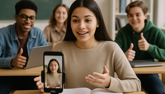 Students sharing and reviewing each other's videos using AI video tools for teachers in Visla